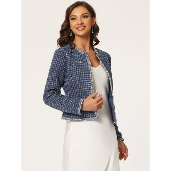 Plaid Tweed Blazer Long Sleeve Open Front Workwear Short Jacket Dark Blue - Picture 3 of 6